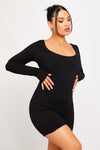 Black Ribbed Scoop Neck Long Sleeve Playsuit