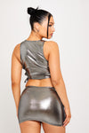 Silver Metallic Sleeveless Side Tie Detail Crop Top