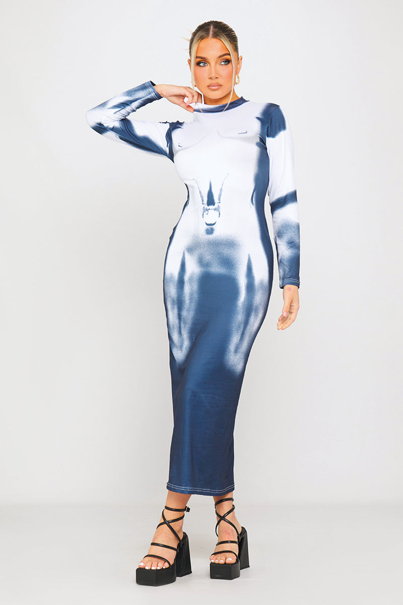 Blue & White Body Art Print High Neck Midi Dress