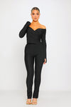 Black Plunge Long Sleeve Wrap Top & Split Leggings Co-Ord