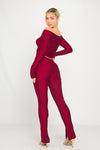 Wine Plunge Long Sleeve Wrap Top & Split Leggings Co-Ord