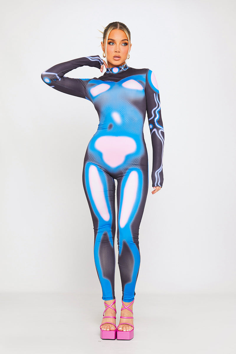 Blue High Neck Body Art Print Long Sleeve Jumpsuit
