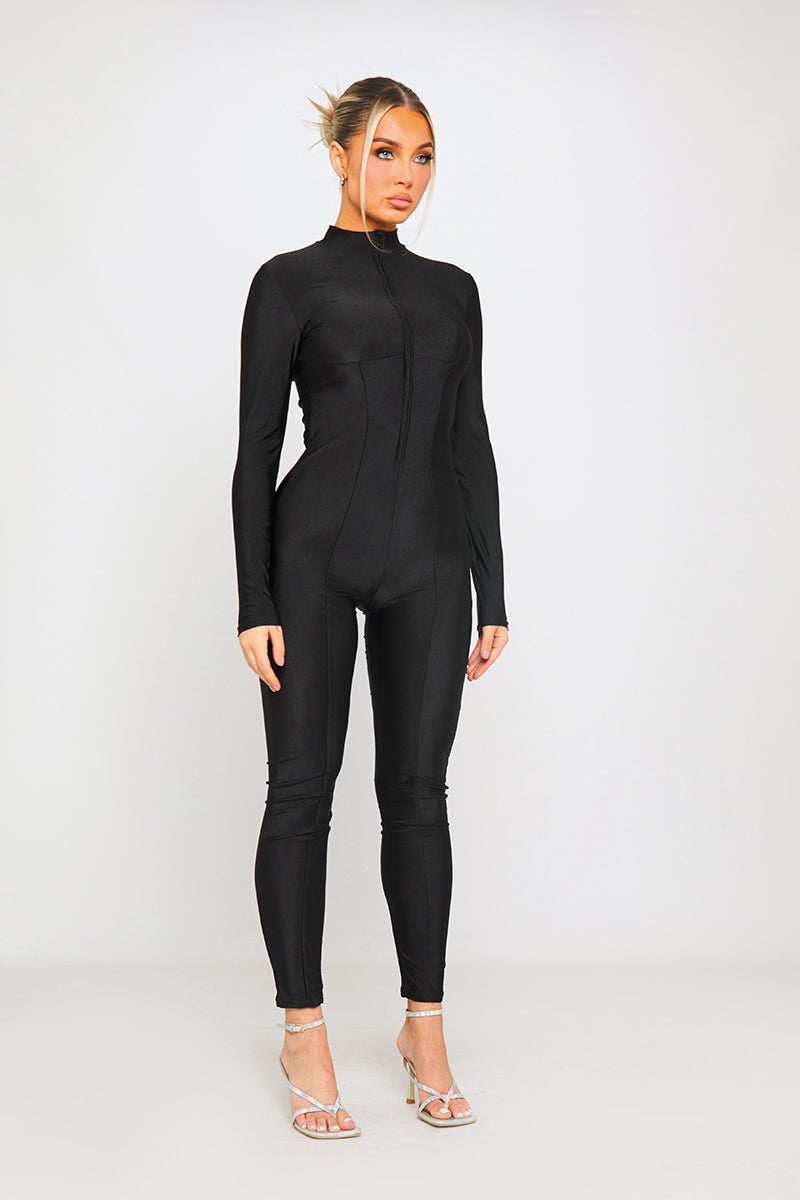 Black High Neck Seam Detail Long Sleeve Jumpsuit