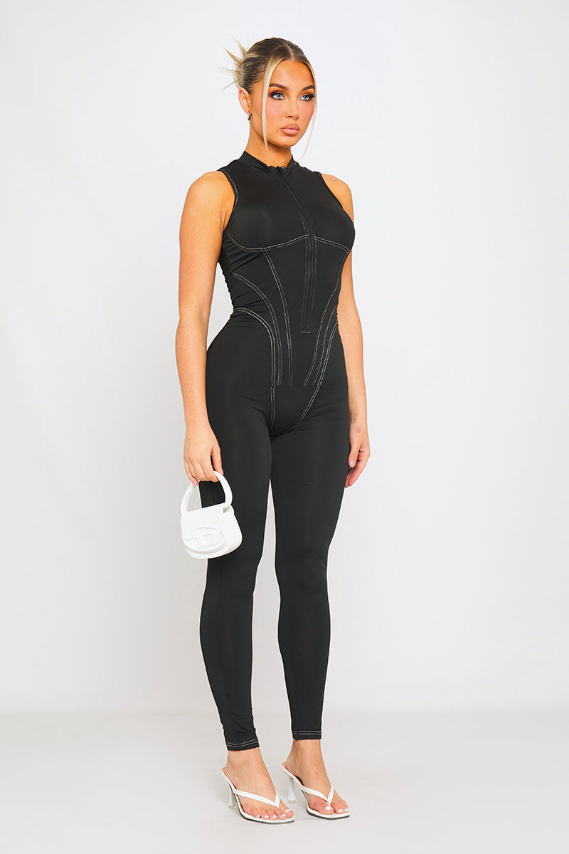 Black High Neck Corset Zip Detail Sleeveless Jumpsuit