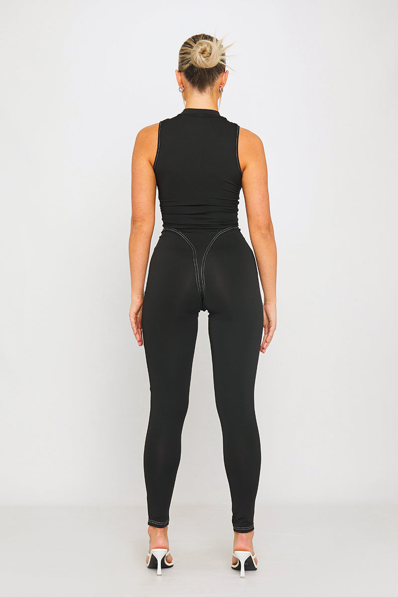 Black High Neck Corset Zip Detail Sleeveless Jumpsuit
