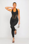 Black Halter Plunge Contour Cut Out Detail Jumpsuit
