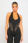 Black Halter Plunge Contour Cut Out Detail Jumpsuit
