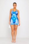 Blue Body Print Graphic Halter Open Back Playsuit