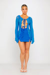 Blue Mesh Ruffle Tie Detail Long Sleeve Mini Dress