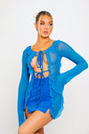 Blue Mesh Ruffle Tie Detail Long Sleeve Mini Dress