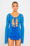 Blue Mesh Ruffle Tie Detail Long Sleeve Mini Dress