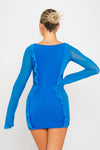 Blue Mesh Ruffle Tie Detail Long Sleeve Mini Dress