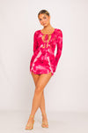 Red Printed Mesh Ruffle Tie Detail Long Sleeve Mini Dress