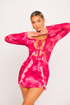 Red Printed Mesh Ruffle Tie Detail Long Sleeve Mini Dress