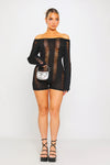 Black Off Shoulder Shredded Backless Long Sleeve Playsuit