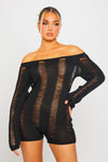 Black Off Shoulder Shredded Backless Long Sleeve Playsuit