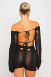 Black Off Shoulder Shredded Backless Long Sleeve Playsuit