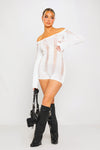 White Off Shoulder Shredded Backless Long Sleeve Playsuit