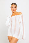 White Off Shoulder Shredded Backless Long Sleeve Playsuit