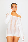 White Off Shoulder Shredded Backless Long Sleeve Playsuit