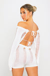 White Off Shoulder Shredded Backless Long Sleeve Playsuit