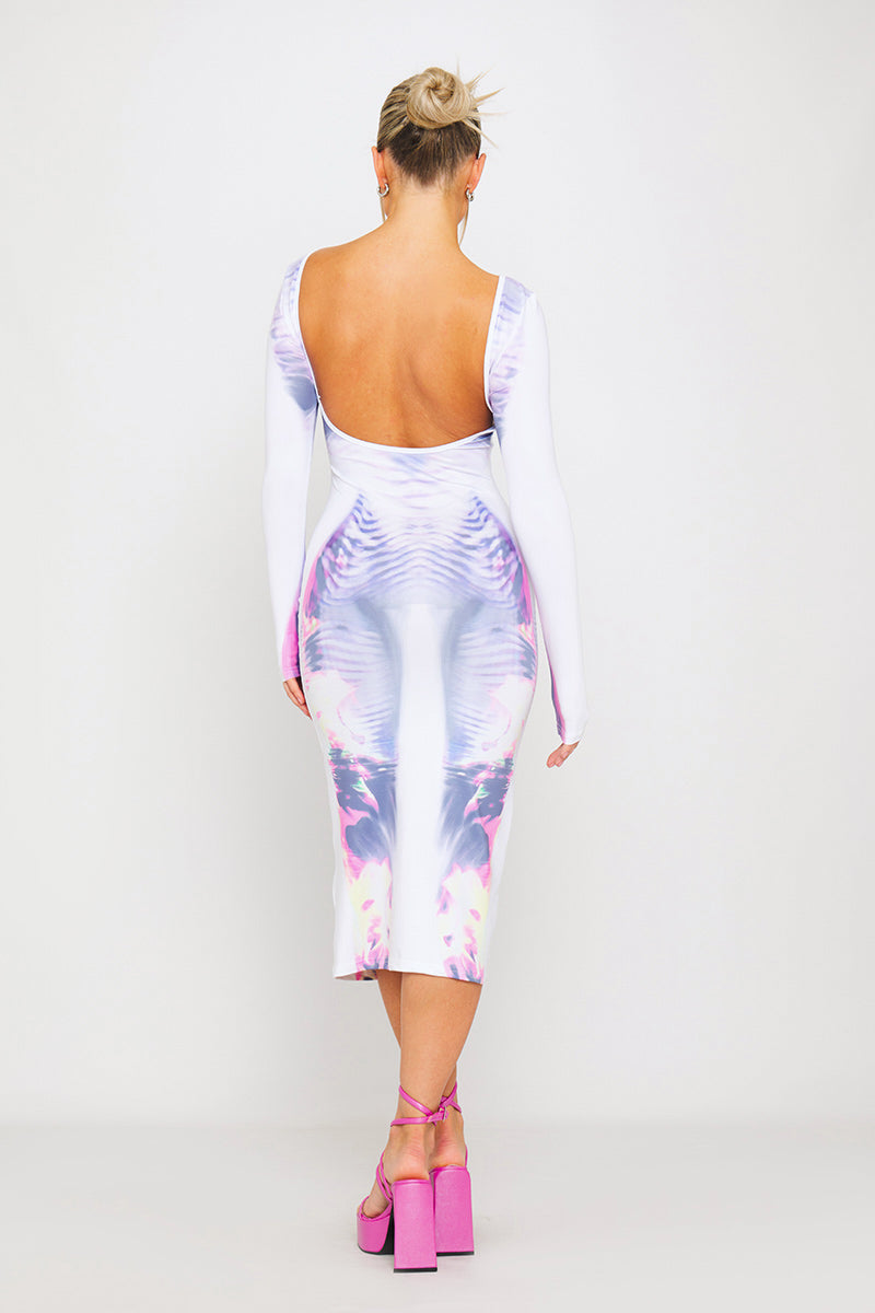 White Body Art Print Backless Long Sleeve Midi Dress