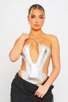 Silver Metallic Halter Cut Out Plunge Bodysuit