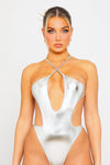 Silver Metallic Halter Cut Out Plunge Bodysuit