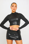 Black Faux Leather High Neck Contour Crop Top