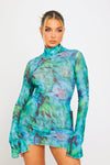 Blue Sheer Mesh Floral Print Long Sleeve Mini Dress