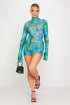 Blue Sheer Mesh Floral Print Long Sleeve Mini Dress