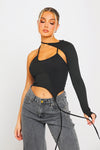 Black Ribbed Asymmetric Detachable Sleeve Crop Top