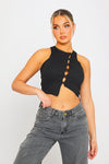 Black Ribbed Asymmetric Button Detail Crop Top