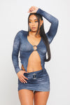 Blue Wash Split Detail Long Sleeve Top & Mini Skirt Co-Ord