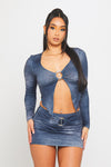 Blue Wash Split Detail Long Sleeve Top & Mini Skirt Co-Ord
