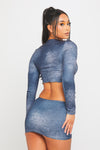 Blue Wash Split Detail Long Sleeve Top & Mini Skirt Co-Ord