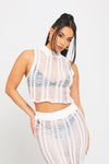 White Shredded Knit Ladder Detail High Neck Crop Top