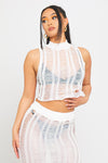 White Shredded Knit Ladder Detail High Neck Crop Top