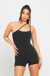 Black Ribbed Asymmetric One Shoulder Playsuit