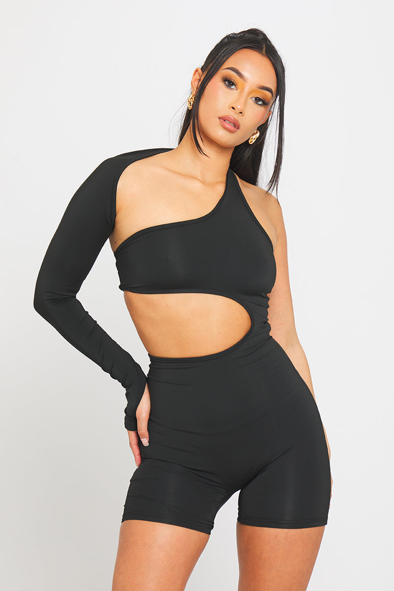 Black Cut Out One Sleeve Playsuit