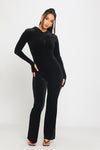 Black Velvet Flared Leg Hooded Zip Front Jumpsuit