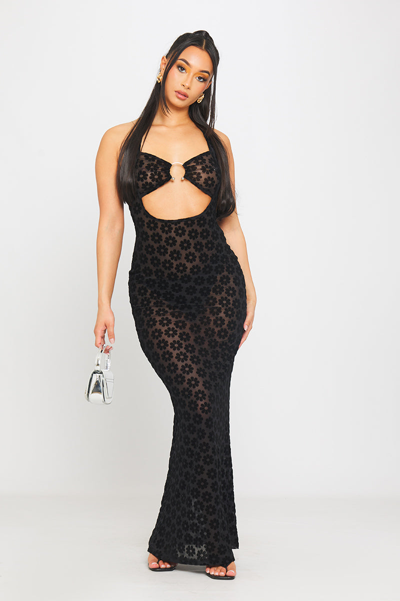 Black Mesh Embossed Halter Cut Out Detail Maxi Dress