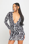 Zebra Plunge Tie Front Long Sleeve Mini Dress