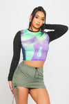 Black Thermal Body Print High Neck Long Sleeve Crop Top