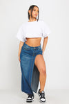 Dark Blue Wash Denim Thigh Split Maxi Skirt