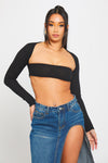 Black Rib Knit Square Neck Long Sleeve Crop Top