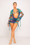 Green Printed Mesh Ruched Drawstring Overlay Co-Ord