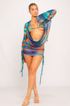 Green Printed Mesh Ruched Drawstring Overlay Co-Ord