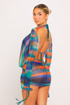 Green Printed Mesh Ruched Drawstring Overlay Co-Ord