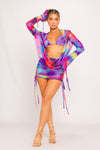 Purple Printed Mesh Ruched Drawstring Overlay Co-Ord